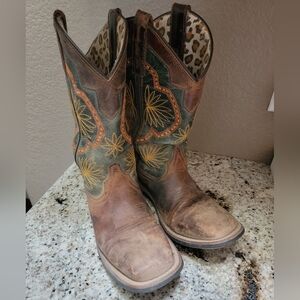 Laredo Women’s Western Cowboy Boots Brown Green Floral Stitch Size 7M